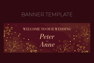 Floral wedding horizontal banner template in elegant golden style, Welcome to our wedding, invitation card design with gold flowers with leaves, dots and berries. Vector frame on rich red background