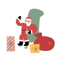 Cheerful Santa Claus is sitting in a cozy armchair drinking tea or milk with cookies. Bags of gifts. Christmas vector illustration isolated on a white background. Flat hand drawing style. 