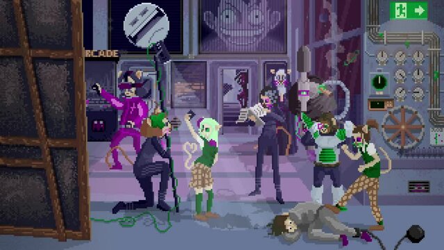 Pixel art animation in a futuristic dystopia with some humanoid cats. An idol poses for a selfie surrounded by her production team