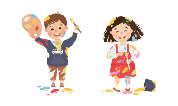 Joyful boy and girl stained clothes, hands and faces with paints cartoon vector illustration