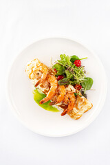 pancakes with shrimps and salad mix