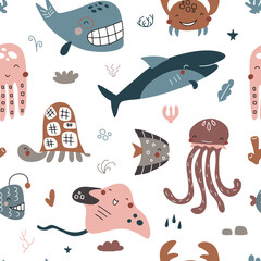 Cute vector ocean seamless pattern with sea creatures for girls and boys, summer baby shower and birthday party design. Jellyfish, Crab, Turtle, Octopus, Fish, Stingray, Whale