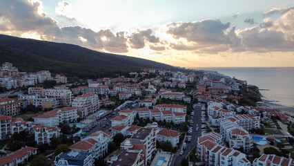 Fototapeta na wymiar Top view of the sunrise over the town of Sveti Vlas 