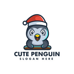 Vector Logo Illustration Cute Penguin Mascot Cartoon Style.