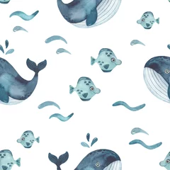 Poster Watercolor seamless pattern with whales, waves, fish, underwater animals © MarinaErmakova