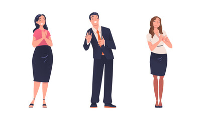 Obraz premium Cheerful business people clapping hands set. Office employees applauding to their partner, boss, manager flat vector illustration
