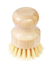 Fototapeta na wymiar Ecological household product. Round brush for washing dishes and vegetables. The item is made of natural materials: wood and bristles. Plastic free lifestyle. Isolation on a white background