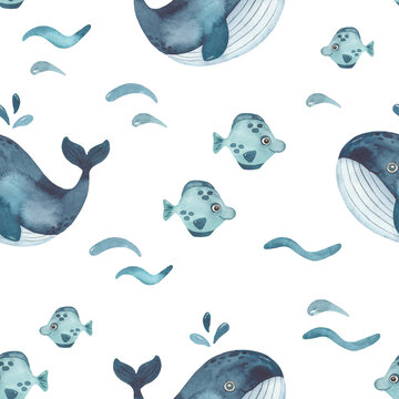 Watercolor seamless pattern with whales, waves, fish, underwater animals