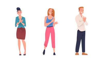 Fototapeta premium Cheerful people clapping hands set. Positive business people applauding with enthusiasm flat vector illustration