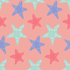 Fototapeta na wymiar Starfish pink blue seamless pattern for nautical design