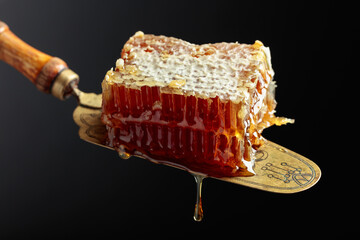 Honeycombs on an antique brass spatula.