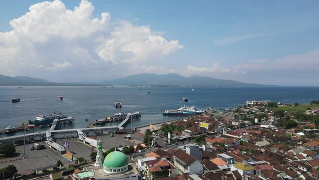 Aerial view of Port in Banyuwangi Indonesia with ferry in Bali Ocean