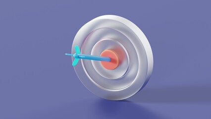 Target with an arrow in the center in glassmorphism style on a blue isolated background 3d render