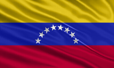 Venezuela flag design. Waving Venezuela flag made of satin or silk fabric. Vector Illustration.