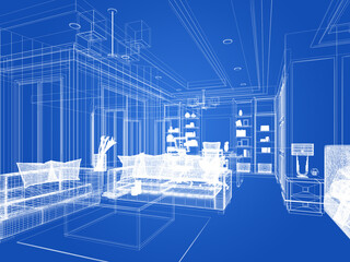 sketch design of interior living, 3d rendering