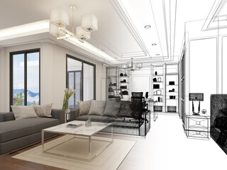 Fototapeta na wymiar sketch design of interior living, 3d rendering