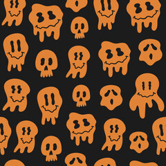 Hippie groovy melting smile faces on a black background. Funny Halloween seamless pattern. Meltdown emotional icons retro print 