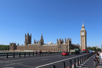 View of Westminster Abbey and the famous Big Ben on a sunny day