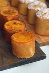 Appetizing beautiful pastries in the showcase of a London bakery