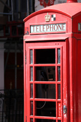 Close-up of a red telephone booth in London