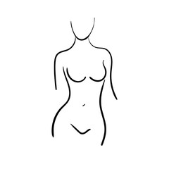Female silhouette in a bathing suit. Simple lines. Ink drawing. Black and white.	