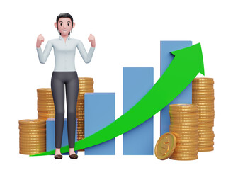 business woman in blue shirt celebrating with clenched fists in front of positive growing bar chart with coin ornament