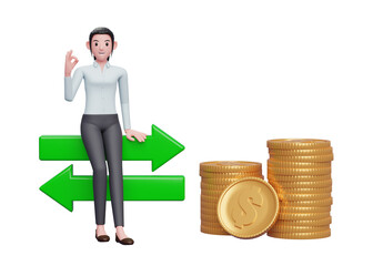business woman in blue dress sitting on exchange rate icon with hand gesture ok finger