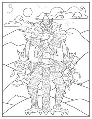 Coloring page illustration with Thailand demons and mythology creatures against nature background