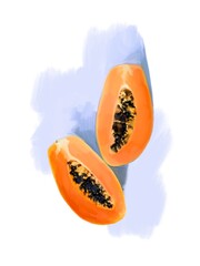 2 halves of an orange papaya on a purple background. stylish summer tropical digital hand drawn illustration. Use for postcards, prints, posters, labels and clothing prints.
