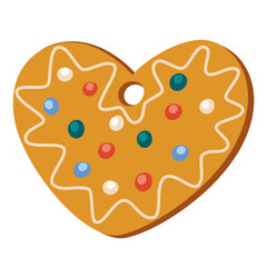 Gingerbread cookie. Christmas sweet. Winter homemade sweet in shape of heart. Hand drawn vector illustrations isolated on the white background.