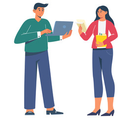 Business team applauding. Man and a woman with laptops and papers confer. Healthy social relationships, interaction concept. Teams set. Hand drawn vector illustrations - obrazy, fototapety, plakaty