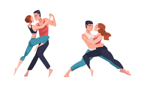 Couples of professional dancers performing choreographic elements cartoon vector illustration