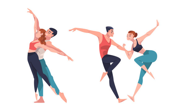Men and women professional dancers training and exercising in studio, performing choreographic elements cartoon vector illustration