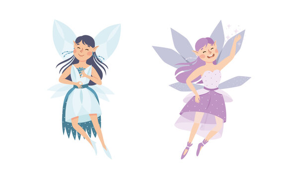 Happy joyful elf girls with pointed ears wearing nice dresses. Flying fairytale fairies vector illustration