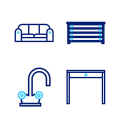 Set line Wooden table, Water tap, Chest of drawers and Sofa icon. Vector