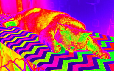 Thermal imager effect. Pedigree gray cat sleeps on an ironing board. Scottish Straight relaxing.