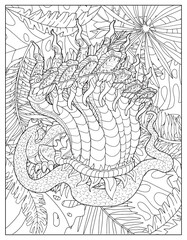 Coloring page illustration with Thailand demons and mythology creatures against nature background