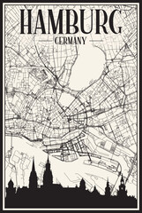 Light printout city poster with panoramic skyline and hand-drawn streets network on vintage beige background of the downtown HAMBURG, GERMANY
