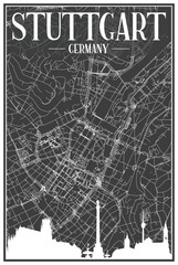 Dark printout city poster with panoramic skyline and hand-drawn streets network on dark gray background of the downtown STUTTGART, GERMANY