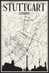 Light printout city poster with panoramic skyline and hand-drawn streets network on vintage beige background of the downtown STUTTGART, GERMANY