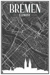 Dark printout city poster with panoramic skyline and hand-drawn streets network on dark gray background of the downtown BREMEN, GERMANY