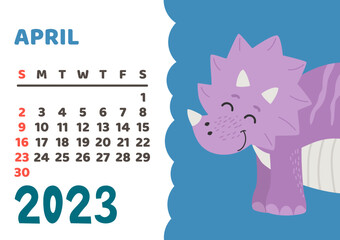 Cute dinosaur calendar template for children series. April