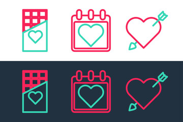 Set line Amour with heart and arrow, Chocolate bar and Calendar icon. Vector