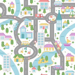 Color map town. Children's game board. Flat vector seamless pattern.
