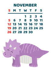 Cute dinosaur calendar template for children series. November