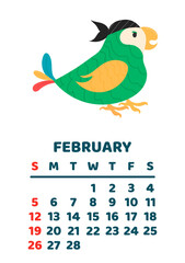 February 2023 calendar page. Vector cartoon illustration with cute pirate parrot. Template for print. Vertical layout. White background