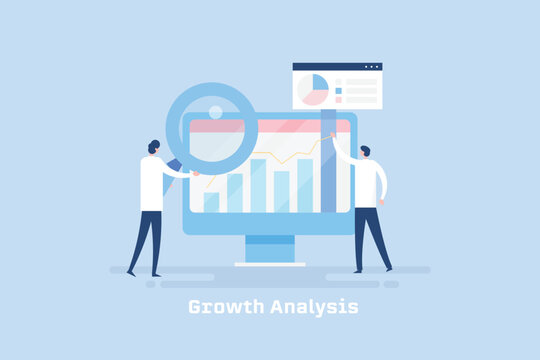 Digital growth analysis, team of business people working on data analytics, finance monitoring, web report on dashboard concept, flat design banner.