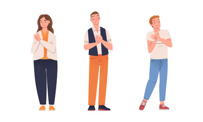 Fototapeta premium Cheerful business man and woman clapping hands set. Cheering people applauding with approval flat vector illustration