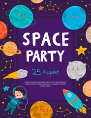 Naklejka premium Space party cartoon flyers, invitation to music show with astronaut dj with turntable in open space, spaceman mixing techno sounds, cosmos, galaxy posters free drinks and parking Vector illustration.