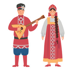 Cartoon men's and women's costumes of Russia character for children. Flat vector illustration